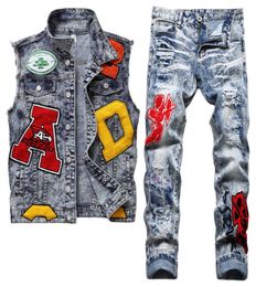 Summer Blue Tracksuits Embroidered Men039s Vest Jeans 2pcs Set Fashion Slim Denim Waistcoat and Ripped Patch Stretch Pants Conj8193972