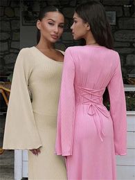 Casual Dresses Autumn Winter Women Ribbed Knitted Long Flare Sleeve Maxi Dress Fashion Lace-Up Loose Bandage Female Elegant Robes