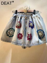 Women's Jeans Women Denim Shorts Drawstring Elastic Waist Colourful Flowers Diamonds Pearls Loose Short 2024 Summer Fashion 29L1077