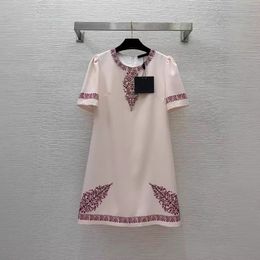 2024 Summer Pink Paisley Print Beaded Dress Short Sleeve Round Neck Rhinestone Short Casual Dresses B4A252326
