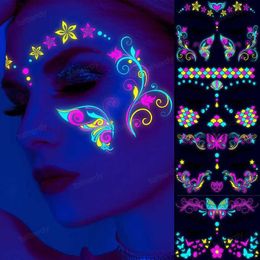 Tattoo Transfer Waterproof UV Light Temporary Tattoos Luminous Glow in Dark Party Night Bar Butterfly Feather Stars Face Beauty Sticker Tattoos 240426