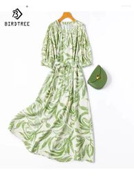 Party Dresses BirdTree 76%Real Silk Elegant Women Lantern Sleeve O Neck Printed Simplicity Casual Chic Dress 2024 Summer D44304QC