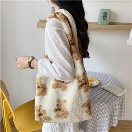 Evening Bags Women Soft Plush Tote Simple Warm Cloth Shopper Embroidery Bear Handbag Eco Shoulder Bag Purses For Girls