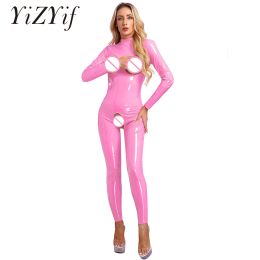 Openers Women Open Cups Latex Catsuit Patent Leather Hollow Out Crotchless Jumpsuit Bodysuit Sleeveless Skinny Jumpsuits Clubwear