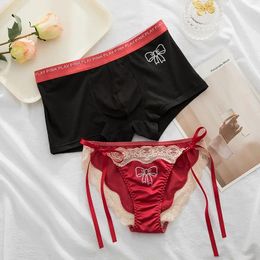 Women's Panties Couple Underwear With Diamond Bow Decor Men's Low-waist Boxer And Cute Thong Lovers Tanga Sexy