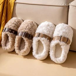 Slippers Winter Women's Plush Fashion Belt Buckle Platform Fluffy Mules Fleece Warm Home Cotton Shoes Girl Indoor Curly