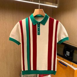 British Summer Casual Collar Short Sleeved T-shirt Men's Youth Fashion Vertical Stripe Colour Block Knitted Polo Shirt for Men