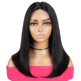 Synthetic Wigs Sleek Straight Human Hair for Women 13X6X2 HD Transparent Lace Front Wig 16 inch Natural Black Remi Brazilian Q240427