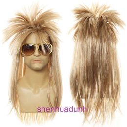 Halloween 80s Punk Heavy Metal Cuttlefish Male Gold Long Straight Hair COS Disco Party Wig