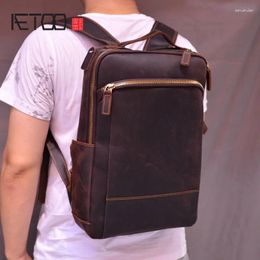 Backpack AETOO Vintage Genuine Leather Men's Travel Bagapck 16 Inch Laptop Bagpack Bag With Belt On Luggage School