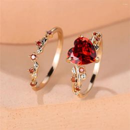 Wedding Rings Royal Blue Green Black Red Stone Heart Ring Sets For Women Rose Gold Colour White Zircon Bridal Bands Mothers Day Jewellery