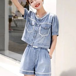 Fried Street Denim Shorts Set Casual Short Sleeve Jean Blouse Loose Two Piece Summer Trend Thin Fashion Suits 240426