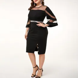 Casual Dresses Spring Fall Dress Women Split Hem See-thorugh Mesh Three Quarter Horn Sleeve Round Neck Shiny Sequin Slim Fit Midi