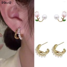 Stud Earrings Elegant Retro Pink Tulip Pearl Hoop Simple Cute Small Korean Flower For Women Temperament Jewellery