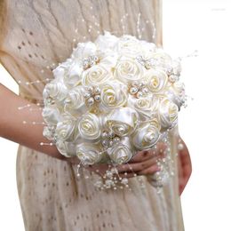 Decorative Flowers High Quality 21cm Handmade Wedding Decor Bouquet Silk Rose With Many Pearls Holding