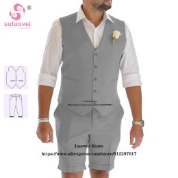 Suits Summer Wedding Suits For Men Slim Fit Groom 2 Piece Vest Shorts Set Groomsmen Prom Short Pants Tuxedo Trajes Elegant Para Hombre