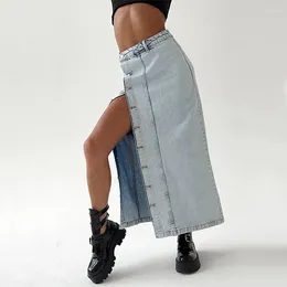 Skirts OMSJ 2024 Vintage Denim Half High Waisted Novelty Asymmetric Design Straight Single-breasted Mid-length Slit Skirt Street