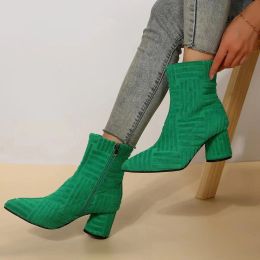 Boots Sexy Green High Heels Ankle Boots Women New 2024 Autumn Suede Platform Short Boots Woman Pointed Toe Thick Heeled Pumps Zapatos