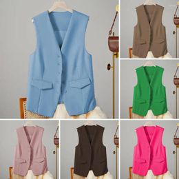 Women's Vests Women Vest Elegant Single-breasted V Neck Waistcoat With Decorative Pockets Formal Business Style For Office Wear