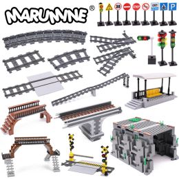 Blocks Marumine MOC City Train Railway Build Model Kit Soft Cruved Straight Tracks Traffic Light Tunnel Compatible 53401 Blocks Bricks