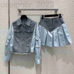 Two Piece Dress Designer Early Spring Age Reducing Western style Denim Spliced Short Coat+High Waist Pleated Short Skirt Fashion Set PNUO