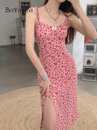 Casual Dresses Beiyingni Stylish Women's Spaghetti Strap Dress Floral Printing Bow Romantic Sexy Pink Slim Vestidos Feminino