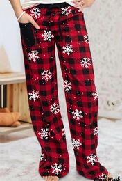 Women's Sleepwear Christmas Printed Pyjama Pants Women Elastic High Waist Drawstring Trousers Loose Wide Leg Homewear