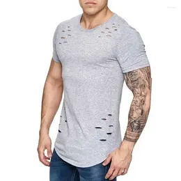 Men's Suits A2223 Hole Ripped T Shirts Men Short Sleeve T-shirt Fitness Summer Clothes Funny Solid Tshirt Streetwear Slim Tops