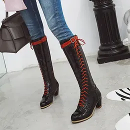 Boots PXELENA Rome Lace Up Zip Designer Knee High Women Patent Leather Riding Motorcycle Gladiator Long Lady Shoes 34-43