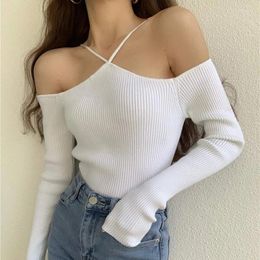 Women's T Shirts Lairauiy Knitwear T-Shirts Solid Colour Women Sexy Halter Neck Off Shoulder Long Sleeve Tops Pullover For Spring Fall