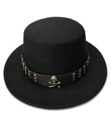 LUCKYLIANJI Women Men Vintage 100 Wool Wide Brim Top Cap Pork Pie Porkpie Bowler Hat Skull Bead Leather Band 57cmAdjust Y20012763216
