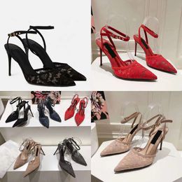 Strap Ankle Stiletto Heel Sandals Canvas Lace Pointed Toe Pumps Leather Outsole Dress Women's Designer Party Evening Shoes 35-41 with Box Original Quality