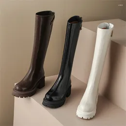 Boots Metal Buckle Knight Long Knee High Women Leather Shoes Round Head Botte Femme Fashion Square Heels Zipper Zapatos Mujer