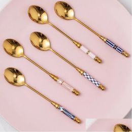 Spoons Stainless Steel Coffee Stirring Spoon Flatware Ceramic Long Handle Vacuum Plating Ice Cream Teaspoon Gold Plated Dessert Drop ZZ