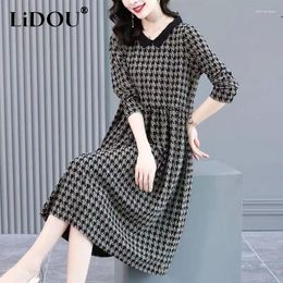 Casual Dresses Autumn Winter Doll Collar Vintage Houndstooth Printing Loose Oversized Robe Femme Long Sleeve Dress Women Fashion Vestido