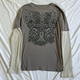 Cross Print T-shirt Women Y2K Cyber Grunge 00s Retro Harajuku Patchwork Long Sleeve Tee E Girl Gothic Mall Goth Sweats Tops 240424
