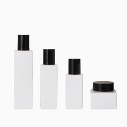 Pearl White Glass Bottle Black Lid Lotion Pump 120ml 100ml 50ml 30ml 30G 50G Square Cosmetic Pots Refillable Makeup Container 30G 50G Empty Cream Jars