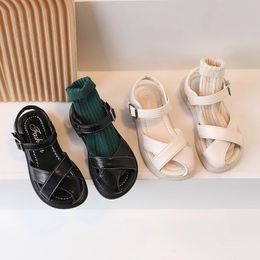 Children Summer Sandals Peep Toe Cross-band Chunky Kids Sliders Black Beige Soft Sole Flexiable All-match Girls Shoes 23-36 240416