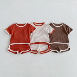 Clothing Sets Summer Kids Waffle Tracksuit Boy Girl Children Thin Cotton Short Sleeve Tops Shorts 2pcs Baby Casual Comfortable T-shirt Suit