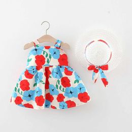 Girl's Dresses Summer girls dress and hat two-piece set baby girl with morning glory print large bow on the backsuspender princess dress