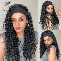 Synthetic Wigs Golden haired unicorn synthetic headband wig medium length curly black hair suitable for women heat-resistant Dali party use Q240427
