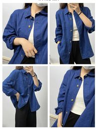 Women's Blouses 2024 Spring Classic Blue Linen Shirt Turn-Down Collar Single Breasted Asymmetric Hem Ladies All-Match Long Sleeve Blouse