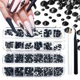 2 Boxs 12 Grids Black Clear Nail Art Decoration Rhinestones Set Round Flatback Gems Nail Charms Supplies for Professional 240415