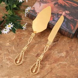 Moulds 2pcs/set Golden Wedding Cake Knife Pizza Bread Pie Cutting Knife Baking Cake Divider For Baby Shower Birthday Party Baking Tools