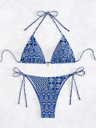 2024 Boho Flower Bikini Set WomenS Floral Print Blue Patterned Bathers Bohemian Style Halter Neck Strap Swimsuit Bathing Set 240426