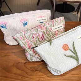 Cosmetic Bags Ins Fresh Style Flower Tulip Makeup Bag Travel Portable Storage Large Capacity Small Square Polyester Material