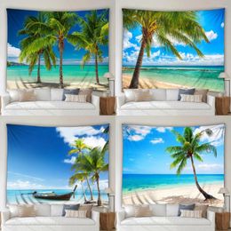 Tapestries Ocean Beach Tapestry Modern 3D Scenic Tropical Palm Trees Waves Outdoor Nature Garden Home Living Room Dorm Decor Wall Hanging