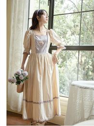 Party Dresses Summer French Vintage Dress Female Square Neck Embroidery Apricot Stripes Fashion For Women Sweet Princess Vestidos