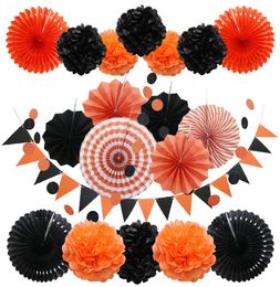 Party Decoration Halloween set 20pcsset Black and Gold Hanging Paper Fans Paper pompom Triangle Bunting Flags for Happy Birthday 7541354