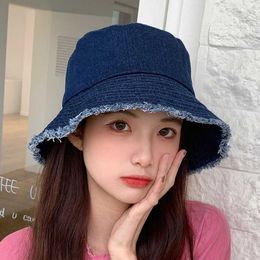 Wide Brim Hats Bucket Unisex bucket hat womens summer sunshine Panama mens denim fabric Sunbonnet outdoor fisherman beach Q240427